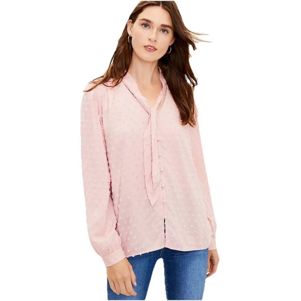 Loft Clip Bow Blush Buttun Up Blouse Long Sleeve Size XL